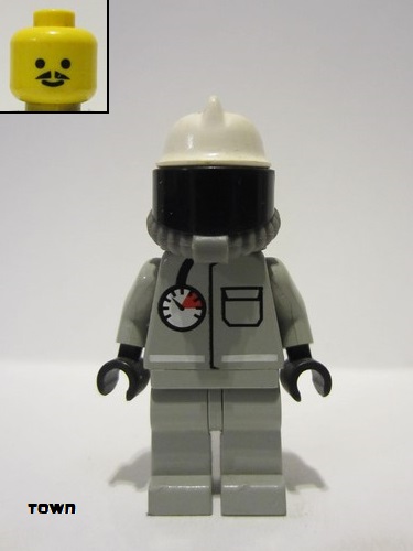 lego 1999 mini figurine spp010 Fire Air Gauge and Pocket, Light Gray Legs and Black Hips, White Fire Helmet, Breathing Hose, White Airtanks 
