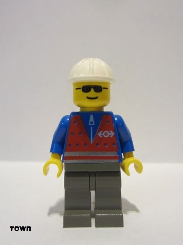 lego 1999 mini figurine trn058 Citizen Red Vest and Zipper - Dark Gray Legs, White Construction Helmet, Sunglasses 