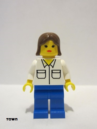 lego 1999 mini figurine twn001 Citizen Shirt with 2 Pockets, Blue Legs, Brown Female Hair 