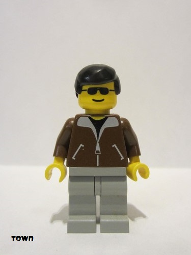 lego 1999 mini figurine twn003 Citizen Jacket Brown - Light Gray Legs, Black Male Hair, Black Sunglasses 