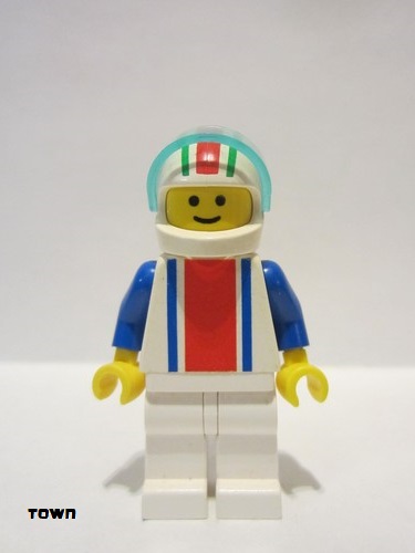 lego 1999 mini figurine ver012 Citizen Vertical Lines Red & Blue - Blue Arms - White Legs, White Red/Green Striped Helmet, Trans-Light Blue Visor 