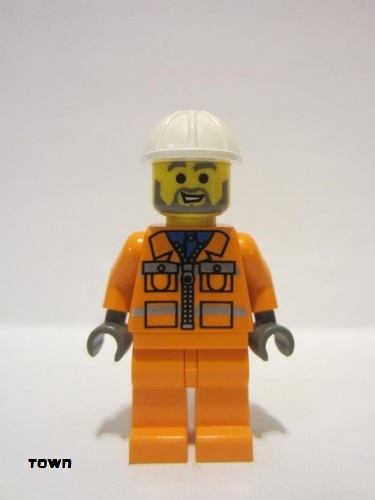 lego 2000 mini figurine con001 Construction Worker Orange Zipper Jacket, Safety Stripes, Orange Legs, White Construction Helmet 