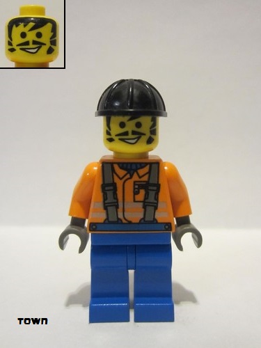 lego 2000 mini figurine con006 Construction Worker Orange Shirt, Black Construction Helmet 