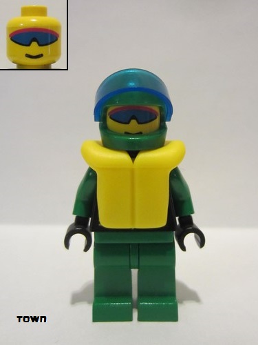 lego 2000 mini figurine ext019 Extreme Team Green, Green Legs, Green Helmet, Life Jacket, Trans-Dark Blue Visor 