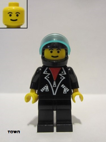lego 2000 mini figurine tel002 Citizen Leather Jacket with Zippers - Black Legs, Black Helmet, Trans-Light Blue Visor, Male 