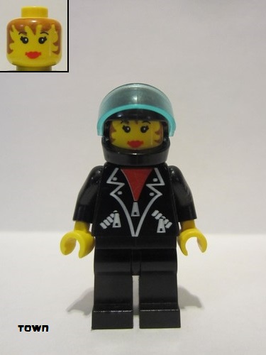 lego 2000 mini figurine tel003 Citizen Leather Jacket with Zippers - Black Legs, Black Helmet, Trans-Light Blue Visor, Female 