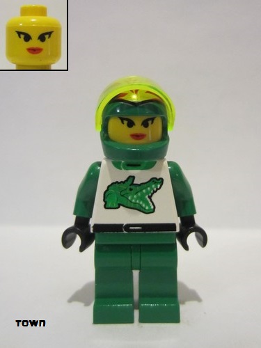 lego 2000 mini figurine twn008 Race Driver Green Alligator, Helmet with Flames 