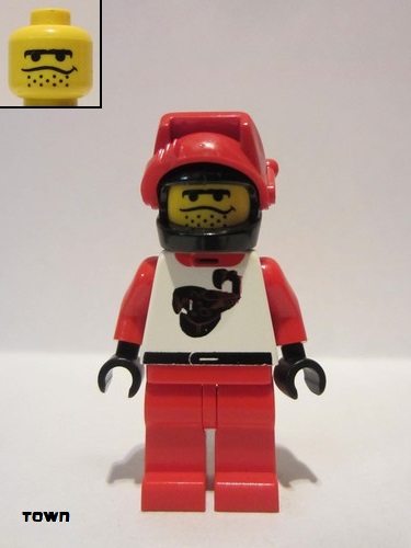 lego 2000 mini figurine twn009 Race Driver Red Scorpion, Black Helmet 