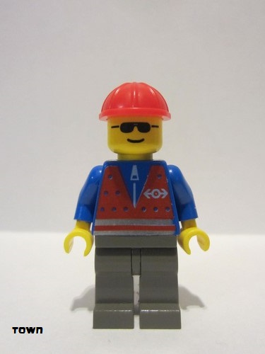 lego 2002 mini figurine trn081 Citizen Red Vest and Zipper - Dark Gray Legs, Red Construction Helmet 