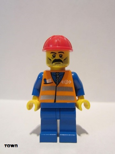 lego 2003 mini figurine trn001 Citizen Orange Vest with Safety Stripes - Blue Legs, Moustache, Red Construction Helmet 
