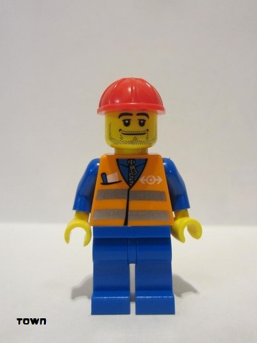 lego 2003 mini figurine trn002 Citizen Orange Vest with Safety Stripes - Blue Legs, Beard Stubble, Red Construction Helmet 