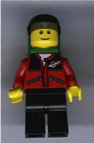 lego 2003 mini figurine twn026 Citizen Red Jacket with Zipper Pockets and Classic Space Logo, Black Legs, Black Cap, Green Backpack with Sleeping Bag 