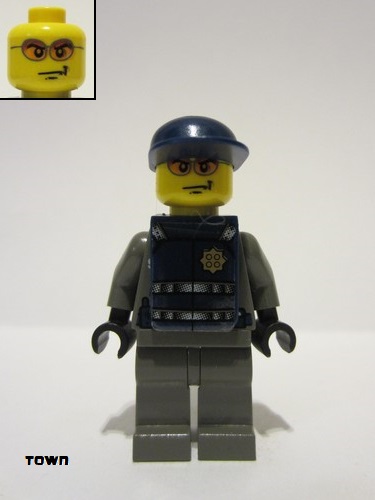 lego 2003 mini figurine wc001s Police - Security Guard Dark Gray Legs, Dark Blue Cap, Dark Blue Vest with Security and Badge Pattern (Stickers) 