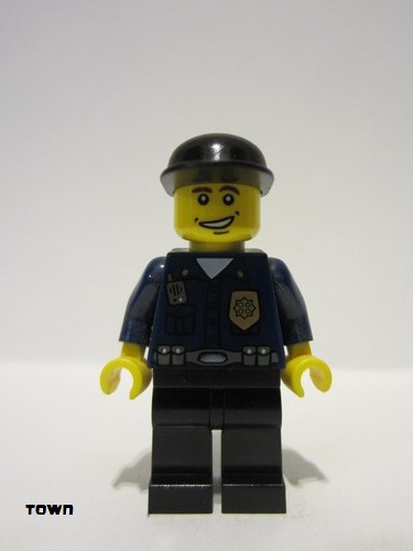 lego 2003 mini figurine wc005 Police - World City Patrolman Dark Blue Shirt with Badge and Radio, Black Legs, Black Cap, Smile 
