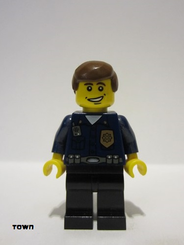 lego 2003 mini figurine wc009 Police - World City Patrolman Dark Blue Shirt with Badge and Radio, Black Legs, Brown Male Hair, Smile 
