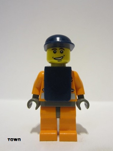 lego 2003 mini figurine wc012 Coast Guard World City Orange Jacket with Zipper, Dark Blue Cap, Dark Blue Vest 