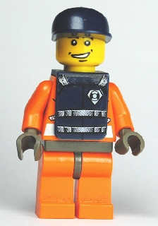 lego 2003 mini figurine wc012s Coast Guard World City Orange Jacket with Zipper, Dark Blue Cap, Dark Blue Vest with Straps and Coast Guard Logo Sticker 