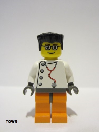 lego 2003 mini figurine wc015 Doctor Stethoscope with 4 Side Buttons, Orange Legs, Black Flat Top Hair, Glasses 