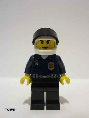 lego 2003 mini figurine wc023 Police - World City Patrolman Dark Blue Shirt with Badge and Radio, Black Legs, White Helmet, Black Visor 