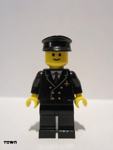 lego 2004 mini figurine air024 Airport Pilot with Red Tie and 6 Buttons, Black Legs, Black Hat, Standard Grin 