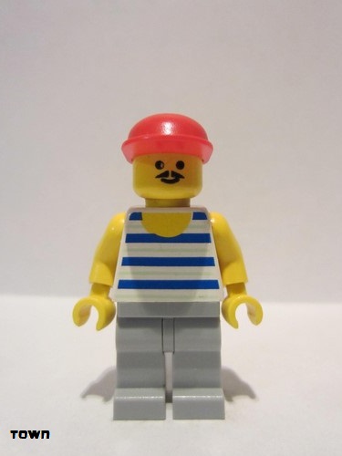 lego 2004 mini figurine par056 Citizen Horizontal Blue/White Stripes, Light Bluish Gray Legs, Red Cap 