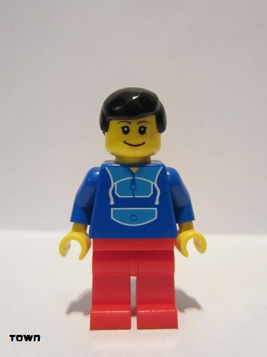 lego 2004 mini figurine twn037 Citizen Jogging Suit, Red Legs, Black Male Hair, Wide Smile and Eyebrows 