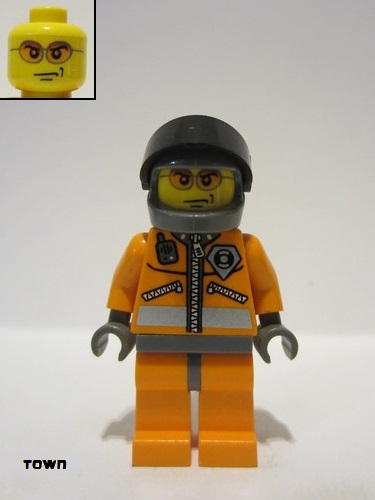 lego 2004 mini figurine wc018 Coast Guard World City Orange Jacket with Zipper, Orange Sunglasses, Dark Bluish Gray Helmet, Dark Gray Hands 