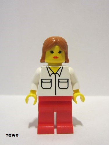 lego 2004 mini figurine wc029 Citizen Shirt with 2 Pockets, Red Legs, Dark Orange Female Hair 