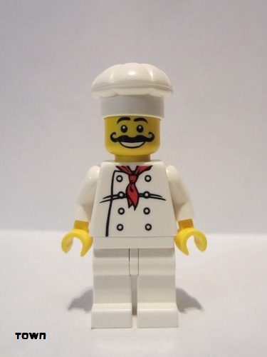 lego 2005 mini figurine chef009 Chef White Torso with 8 Buttons, White Legs, Long Curly Moustache 