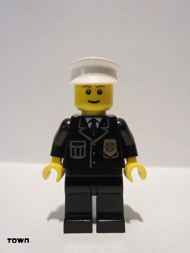 lego 2005 mini figurine cty0005 Police City Suit with Blue Tie and Badge, Black Legs, White Hat, Brown Eyebrows, Thin Grin 
