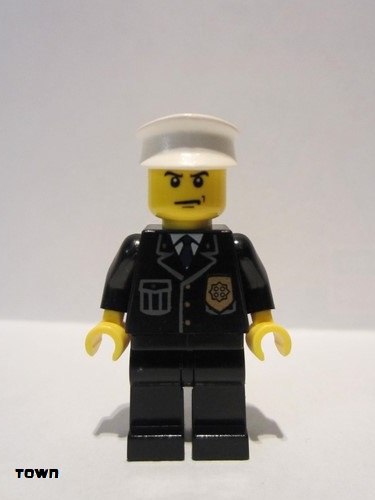 lego 2005 mini figurine cty0008 Police City Suit with Blue Tie and Badge, Black Legs, Scowl, White Hat 