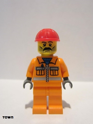 lego 2005 mini figurine cty0010 Construction Worker Orange Zipper, Safety Stripes, Orange Arms, Orange Legs, Red Construction Helmet, Moustache and Stubble 