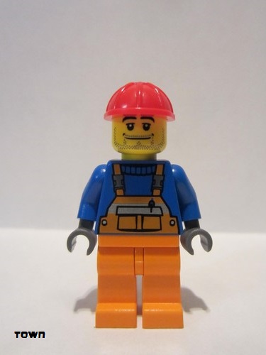 lego 2005 mini figurine cty0011 Construction Worker Overalls with Safety Stripe Orange, Orange Legs, Red Construction Helmet, Straight Smile 