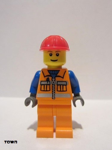 lego 2005 mini figurine cty0014 Construction Worker Orange Zipper, Safety Stripes, Blue Arms, Orange Legs, Red Construction Helmet 