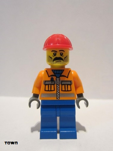 lego 2005 mini figurine cty0016 Construction Worker Orange Zipper, Safety Stripes, Orange Arms, Blue Legs, Red Construction Helmet, Stubble 