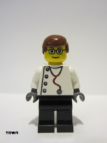 lego 2005 mini figurine doc028 Doctor Stethoscope with 4 Side Buttons, Black Legs, Glasses, Reddish Brown Male Hair 