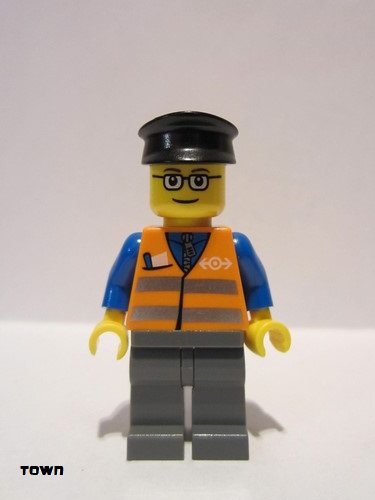 lego 2005 mini figurine trn120 Citizen Orange Vest with Safety Stripes - Dark Bluish Gray Legs, Glasses, Black Hat 