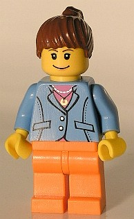 lego 2005 mini figurine twn029 Citizen Medium Blue Jacket, Orange Legs, Reddish Brown Ponytail Hair 