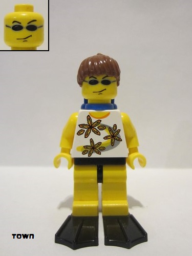 lego 2005 mini figurine twn063a Citizen Yellow Flowers - Reddish Brown Ponytail Hair, Blue Airtanks, Black Flippers 
