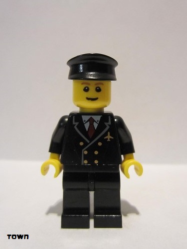 lego 2006 mini figurine air022 Airport - Pilot With Red Tie and 6 Buttons, Black Legs, Black Hat, Brown Eyebrows, Thin Grin 