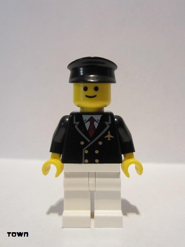 lego 2006 mini figurine air029 Airport - Pilot With Red Tie and 6 Buttons, White Legs, Black Hat, Standard Grin 