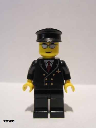 lego 2006 mini figurine air032 Airport - Pilot With Red Tie and 6 Buttons, Black Legs, Black Hat, Silver Glasses 