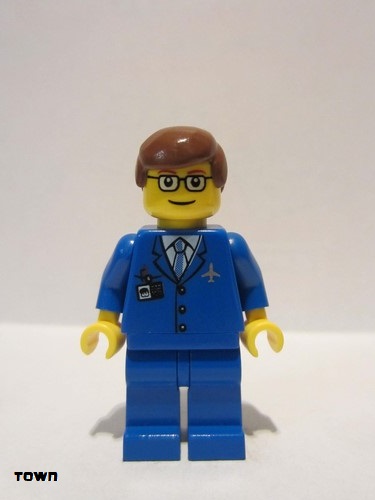 lego 2006 mini figurine air035 Airport Blue 3 Button Jacket & Tie, Reddish Brown Male Hair, Glasses with Thin Eyebrow 