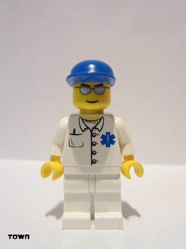 lego 2006 mini figurine cty0017 Doctor EMT Star of Life Button Shirt, White Legs, Blue Cap, Silver Sunglasses 