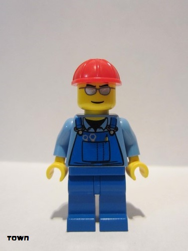 lego 2006 mini figurine cty0029 Citizen Overalls with Tools in Pocket Blue, Red Construction Helmet, Silver Sunglasses 