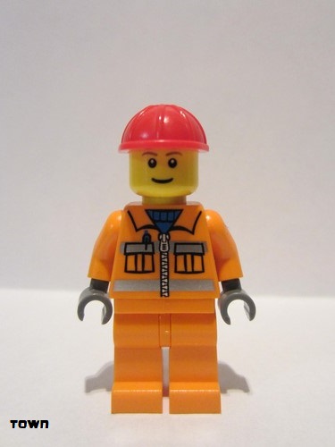 lego 2006 mini figurine cty0031 Construction Worker Orange Zipper, Safety Stripes, Orange Arms, Orange Legs, Red Construction Helmet, Brown Eyebrows, Thin Grin 