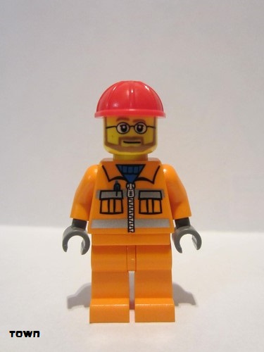 lego 2006 mini figurine cty0032 Construction Worker Orange Zipper, Safety Stripes, Orange Arms, Orange Legs, Red Construction Helmet, Beard and Glasses 