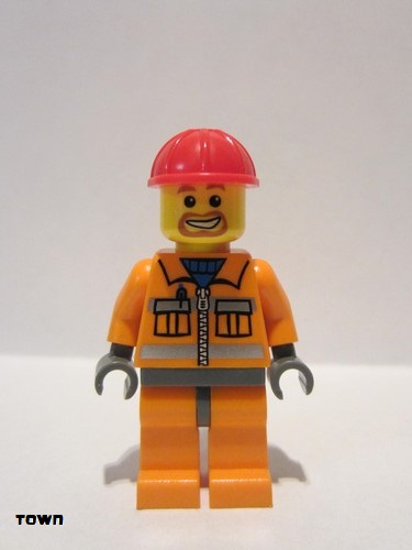 lego 2006 mini figurine cty0041 Construction Worker Orange Zipper, Safety Stripes, Orange Arms, Orange Legs, Dark Bluish Gray Hips, Red Construction Helmet 