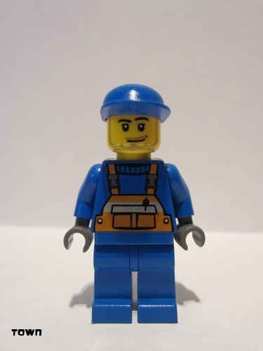 lego 2006 mini figurine cty0042 Citizen Overalls with Safety Stripe Orange, Blue Legs, Blue Cap, Smirk and Stubble Beard 