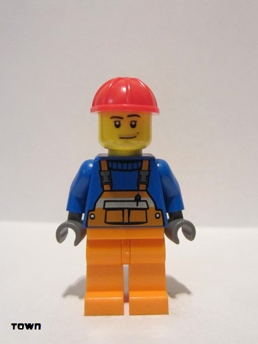 lego 2006 mini figurine cty0079 Citizen Overalls with Safety Stripe Orange, Orange Legs, Red Construction Helmet, Smirk and Stubble Beard 